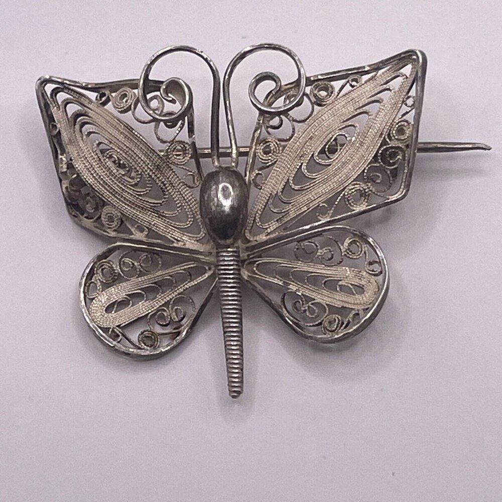 Antique? Art Nouveau 830 Silver Butterfly Brooch Pin Filigree Signed LG AL5.6 - Picture 8 of 8